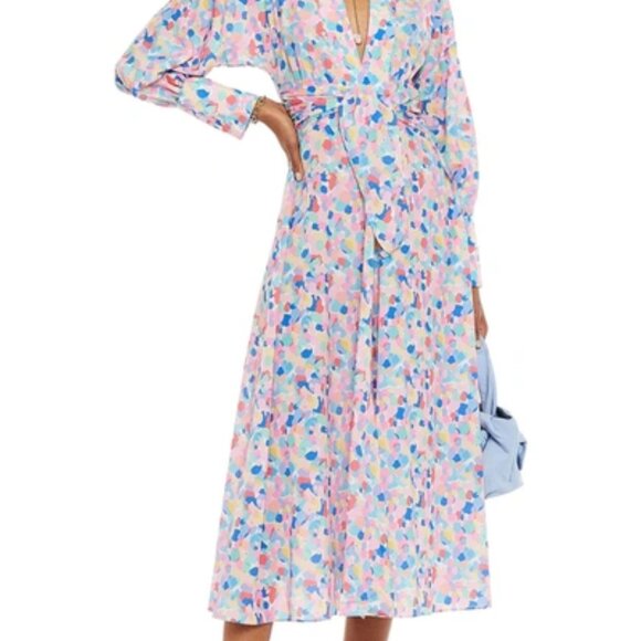 Paloma Blue Bronte Crepe de chine Tie Waist deep V Midi Dress Confetti print M - Picture 9 of 9